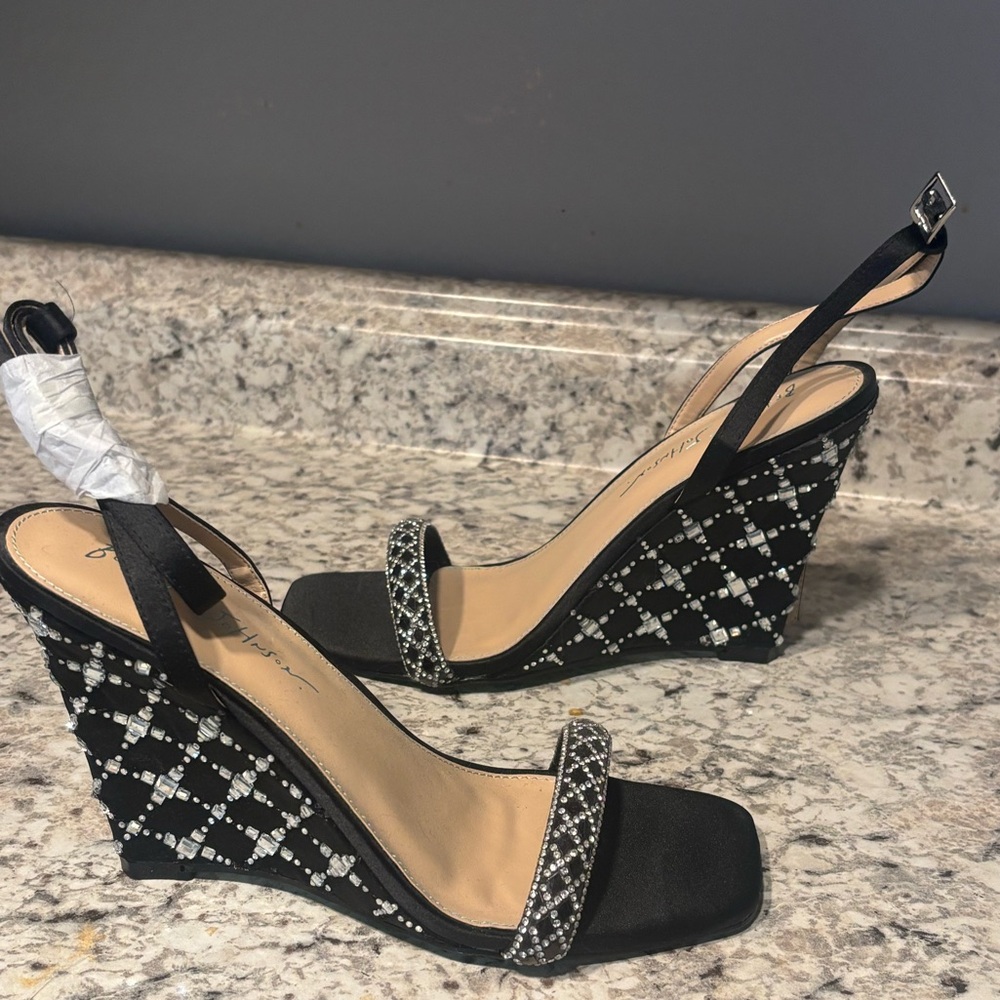 NWOT Betsey Johnson Black and Silver Wedge Heels